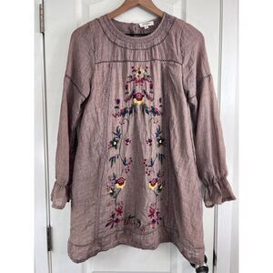 Umgee Women's Boho Floral Embroidered Long Sleeve Mini Dress Taupe Size S